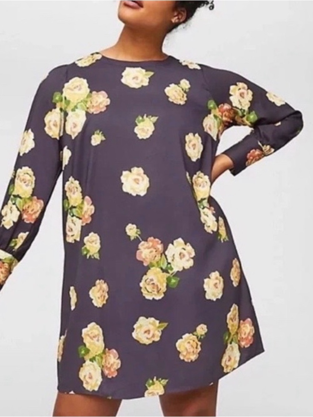 LOFT Peony grey/blue Long-Sleeve Floral Shift Dress with Cream and yellow flower